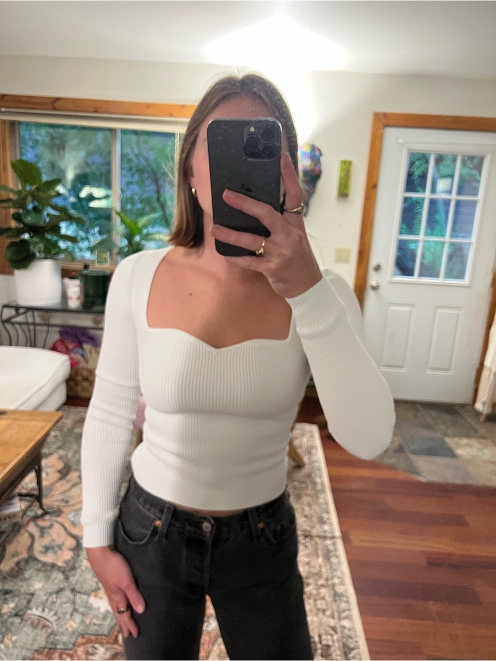 Square-Neck White Ribbed Long-Sleeve Top
